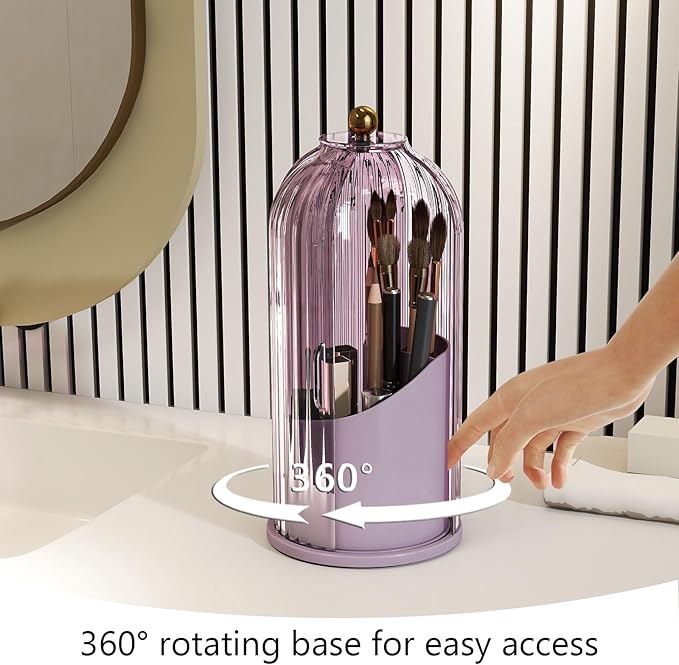 Makeup Brush Holder with Dustproof Cover 360 Rotating Makeup Brush Organizer for Vanity Bathroom, Pink