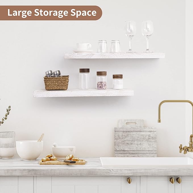 Axeman Floating Shelves - 24''W x 8''D Rustic Solid Elm Wood Wall Shelves for Storage, Wall Mounted Display Shelving with Invisible Heavy-Duty Metal Bracket (White Wash, 2PCs)