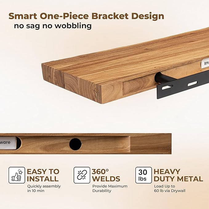 Axeman 32 inch Floating Shelves for Wall - 8'' D Live Edge Rustic Solid Elm Wood Floating Shelves Wall Mounted, Wall Shelves with Invisible Bracket for Living Room Bedroom Kitchen, Set of 2 Natural