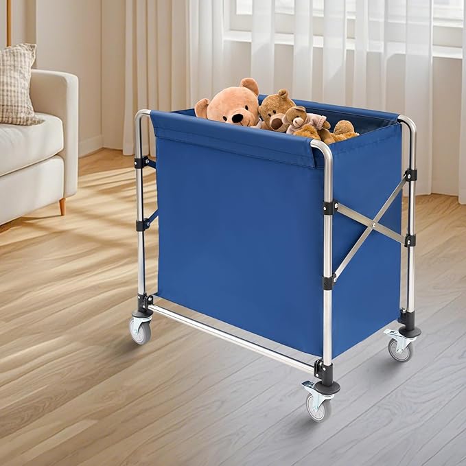 Commercial Laundry Cart with Wheels,Folding Laundry Hamper Cart,Heavy Duty Rolling Basket with Large Capacity,Sorter Trolley for Home Hotel Apartment (Blue, 34.25 * 19.7 * 36.22in)