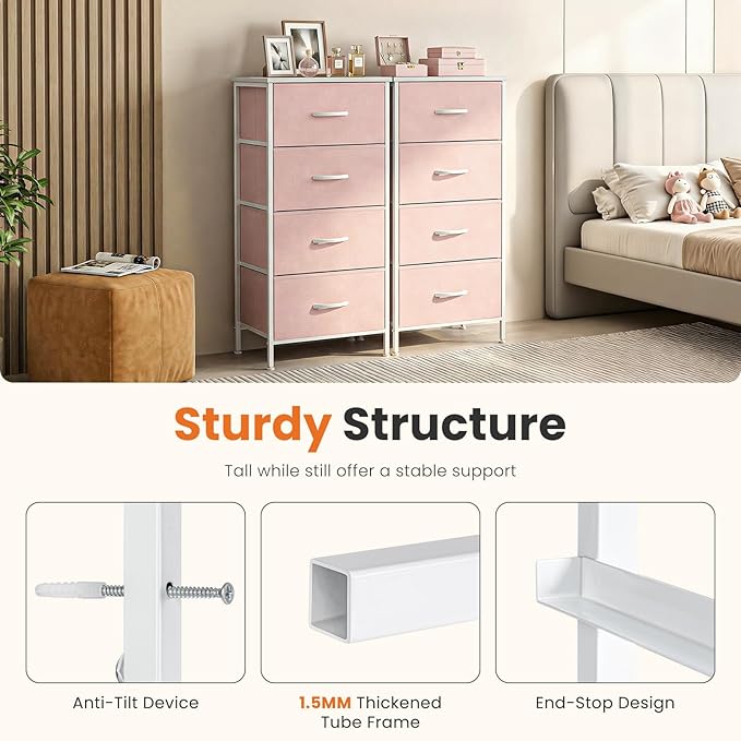 Sweetcrispy Nightstand Small Bedroom Dresser with 4 Fabric Drawers,Bed Side Furniture End Table,Wooden Top Cabinet Night Stand Dresser for Closet,Entryway,Dorm,Pink