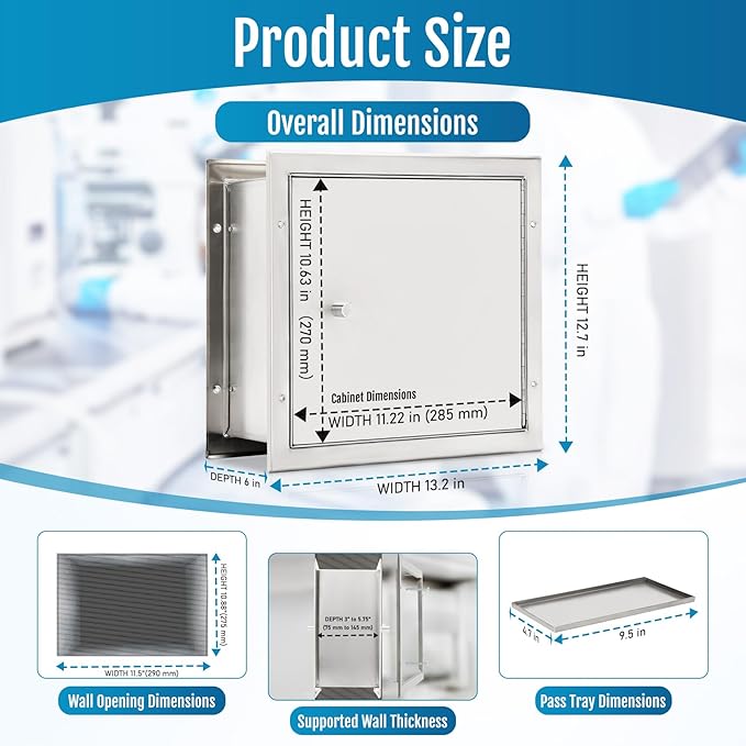 Recessed Specimen Pass-Thru Cabinet, Stainless Steel Specimen Box with Pass Tray, Industrial Pass Through Specimen Cabinet with Dual Self-Closing Doors, 13.2" W x 12.7" H x 6" D, for Hospitals & Labs