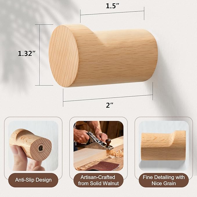 Wooden Wall Hooks 6 Pack, Modern Decorative Coat Hook Wall-Mount, Handmade Rustic Hat Hooks, Entryway Wall Hangers for Hanging Coats Hats Backpack, Bathroom Wood Towel Rack (Natural)