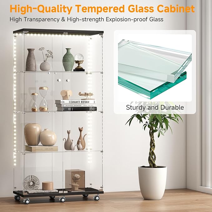 Tempered Glass Display Cabinet with Light Strip, 4-Tier Curio Cabinet with Glass Doors Wheels Locks, Glass Display Case for Collectibles for Living Room, Bedroom, Office, Black, Double Door