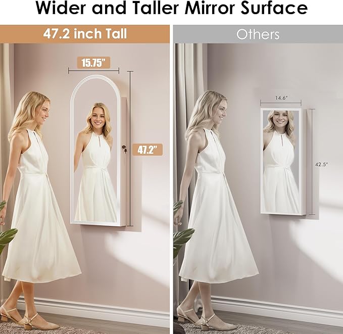 47in Tall Jewelry Cabinet Organizer, Arched Wall or Door Mounted Jewelry Armoire with Full-Length Mirror, 6 LEDS Lockable Hanging Mirror Cabinet with Storage, 2 Drawers, Women Girls Gifts,White