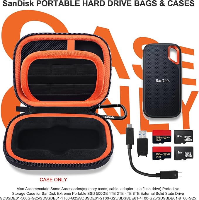 Hard Case for SanDisk Extreme Portable SSD 500GB 1TB 2TB 4TB 8TB External Solid State Drive Case -Custom-Insert Shockproof Protective Storage Travel Bag for SSD SD Card Holder (Orange)