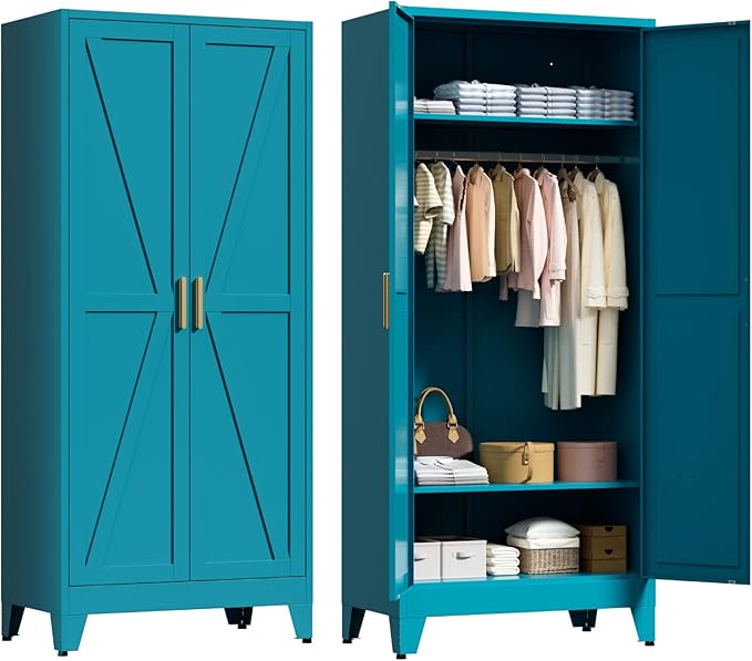 71" Tall Metal Wardrobe Closet with Adjustable Shelves and Hanging Rod, 2 Doors Free Standing Armoire Wardrobe Cabinet for Bedroom, Office, Laundry Room, Blue