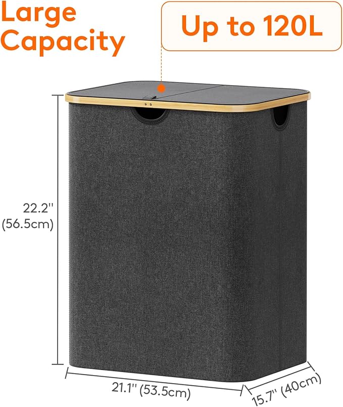 Lifewit 120L Laundry Basket with Lid, Clothes Hampers for Laundry with Bamboo Handles and A Removable Laundry Bag, Large Foldable Hamper for Bedroom, Bathroom, Dorm, Laundry Room, Dark Gray