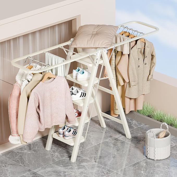 Multi-Functional 5 Step Ladder Used as Clothes Drying Rack,Sturdy Carbon Steel Ladder,Widened Pedal,Foldable & Portable Clothes Drying Rack, Space-Saving Design Indoor&Outdoor Drying (White)
