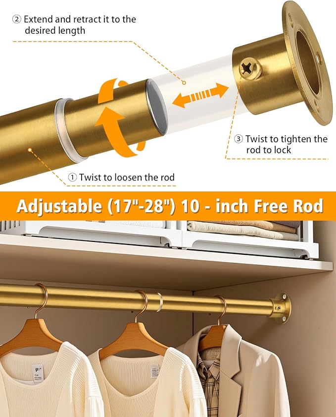 Closet Rods for Hanging Clothes, 17-52 Inch Heavy Duty and Stepless Adjustable Closet Poles, Stainless Steel Closet Hanging Rod for Closet, Wardrobes, Laundry Room, Bathroom, RV (Gold)