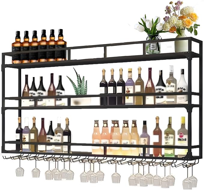 Wall Mounted Wine Rack, Wine Rack Wall Mounted with Wine Glass Rack, Metal Bar Bottle Display Shelf Wine Cups Hanging Holder, for Home Bar Cafe Dining Room Decoration (BLACK, 59*10*35.5IN)