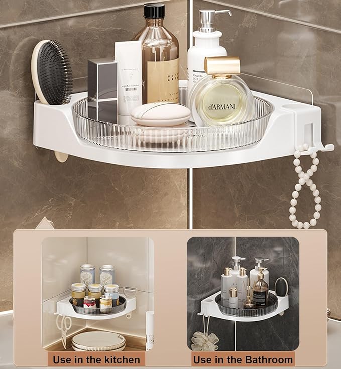 360 Rotating Makeup Organizer Spinning Bathroom Organizer 1 Pack Corner Storage Organizer with Hooks for Perfume Lotion Skincare Organizer Countertop Kitchen Storage(Smoky Grey)