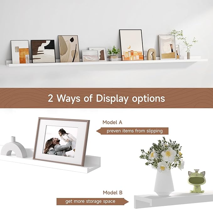 Floating Picture Ledge Shelves for Wall Set of 2, 72 Inches Picture Ledge Shelf with Long Large Nursery Book Shelf for Toys Storage Kids Bookshelf Wall Mounted Living Room Bedroom Decor Frames, White