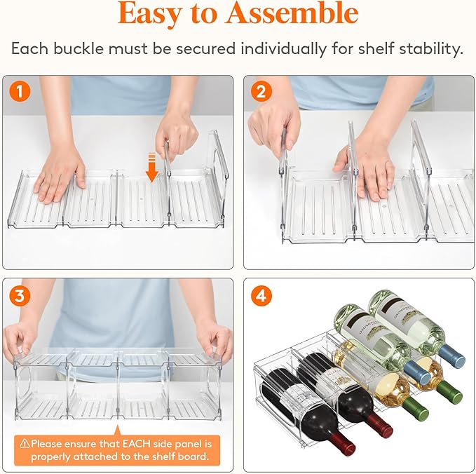Lifewit Wine Rack for Fridge, Stackable Wine Bottle Holder with Sturdy Support Insert & Reinforced Design, Plastic Bottle Organizer for Refrigerator, Cabinet & Pantry, Clear, Holds 8 Bottles