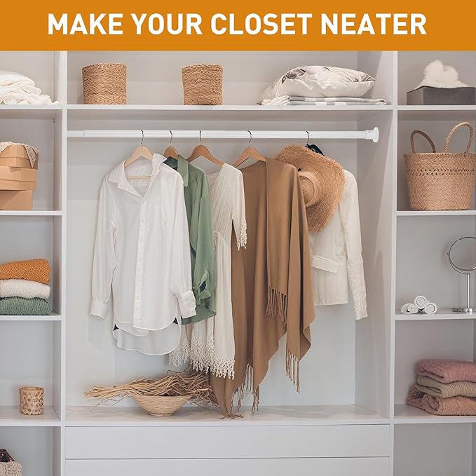 White Adjustable Closet Rod 18-77 Inches, Heavy Duty Metal Clothes Hanging Rod, Rust-Proof Non-Slip Wardrobe Bar for Closet, Laundry Room, RV