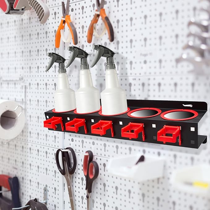 Spray Bottle Storage Rack,Wall-mounted Garage Bottle Organizer with 5 Plastic Hanging Hooks Cleaning Detailing Tools Hanger,Abrasive Material Hanging Rail Car Beauty Shop Accessory