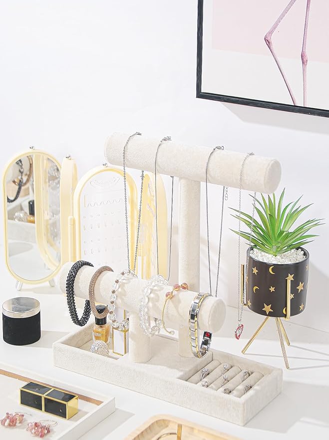 Coward 2 Tier Necklace Bracelet Holder Organizer With ring Tray, Multi-use Jewelry Display Stand For Necklace Bracelet Bangle Watch Scrunchie (Beige/no Lid)