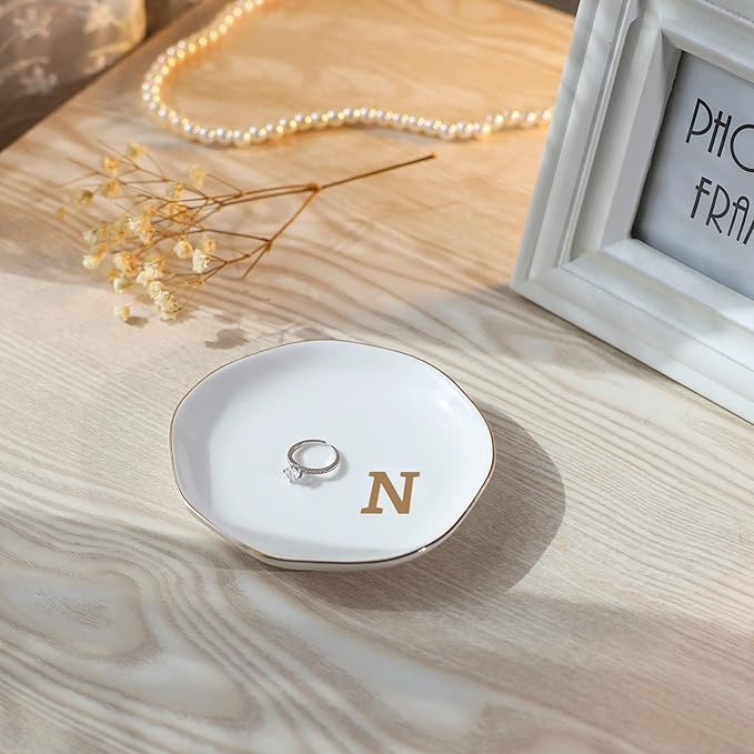 Initials Ring Dish Jewery Tray with personalized N-Monogrammed Gifts Wedding Engagement for Women Friends sister,Ceramic White