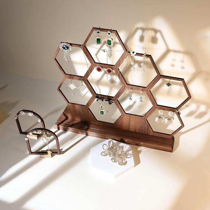 GemeShou hexagonal jewelry earring display stands for selling, wooden necklace jewelry organizer hanging, walnut earring hanger dangle holder for show, home decor【Jewelry shelf-Hexagon】