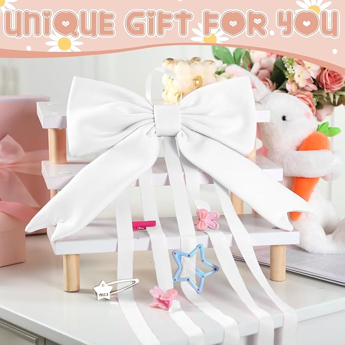 Weysat White Bow Organizer for Girls Huge Bow Holder for Girls Hair Bows Claw Clip Organizer Decoration Accessories with Five Ribbons 20inch*5 Organizador for Room Decor