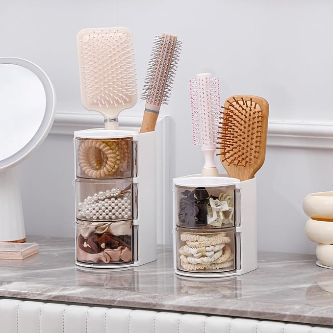 FABROK 2-Layer Clear Hair Accessories Organizer with Hair Brushes Holder, Rotatable Small Jewelry Box for Necklaces、Earring, Desktop Organizer Case for Makeup Brushes, Hair Accessories, Cotton Swab