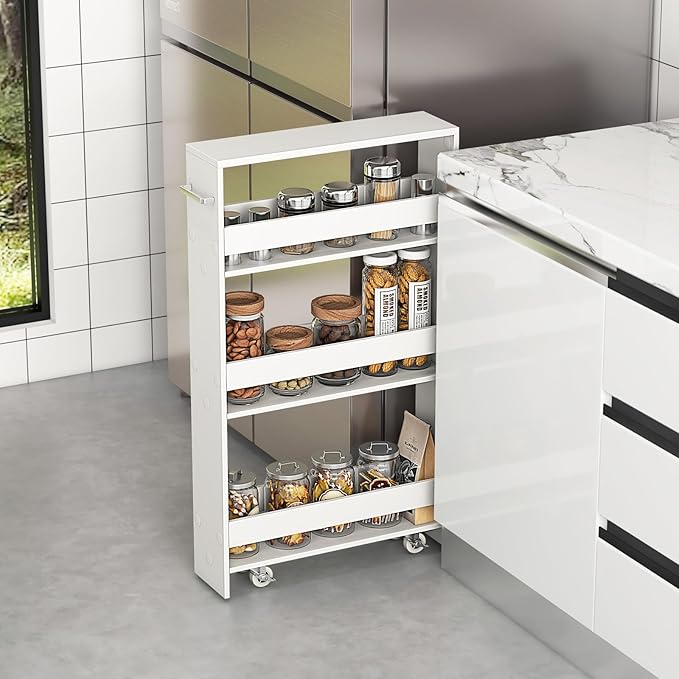 MAT EXPERT Slim Rolling Storage Cart, 4-Tier Freestanding Slim Storage Cart with Wheels 360 Degree & Metal Handle, Wooden Utility Cart for Narrow Kitchen, Laundry Room, Bathroom (Plain White)