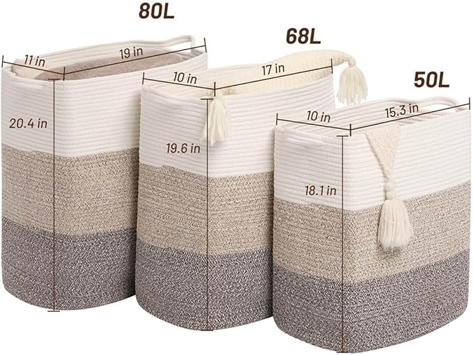 Tall Laundry Basket With Handles,Woven Cotton Rope Big Laundry Hamper Sorters,Versatile Storage for Dirty Clothes,Baby Toys,and Blankets in Bathroom, Nursery,and Living Room (Gradient Brown, 68L)
