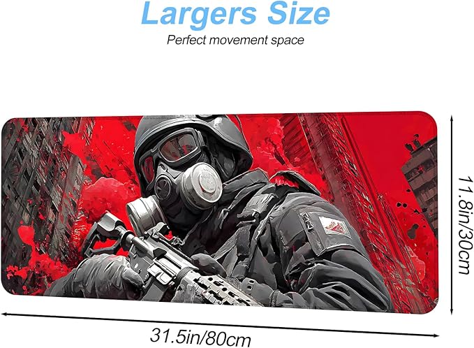 Tactical Soldier Gaming Mouse Pad – 31.5" x 11.8" Extended Desk Mat with Red Urban Battle Scene – Non-Slip Base, Smooth Surface for Gamers & Office Use