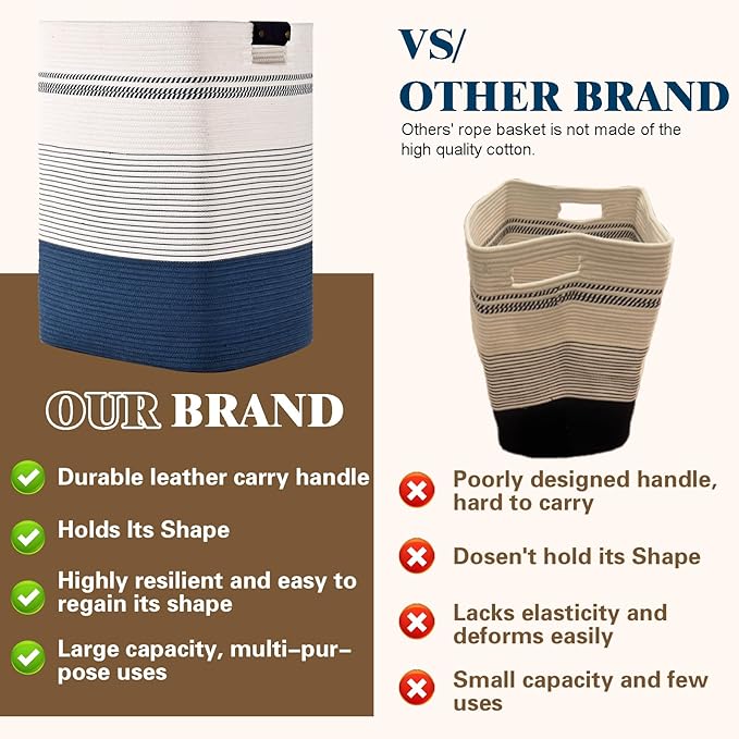 Laundry Hamper, 85L Tall Laundry Basket with Leather Handles, Rectangle Large Clothes Hamper for Organizing, Cotton Woven Laundry Baskets Storage Hampers for Bedroom, Nursery, Living Room