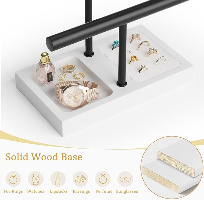SZQINJI Bracelet Holder Organizer Jewelry Display Stand, Solid Wood Base with 2 Tier Metal T-bar for Bracelet Wristband Bangle Watch Necklace Hanging, White, Christmas Gift