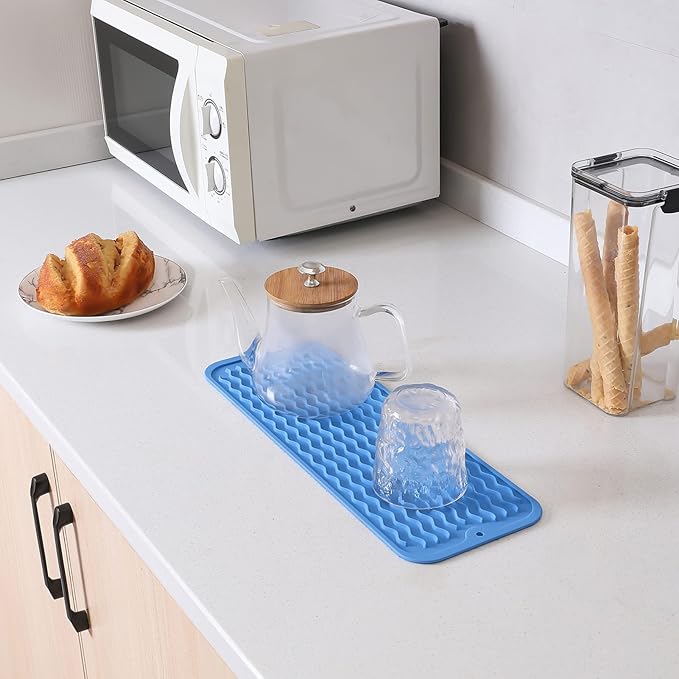 Silicone Dish Drying Mat for Multiple Usage,Easy clean,Eco-friendly,Heat-resistant Silicone Mat for Kitchen Counter,Sink,Bar,Bottle,or Cup Lichen Blue M 17 inches x 6 inches