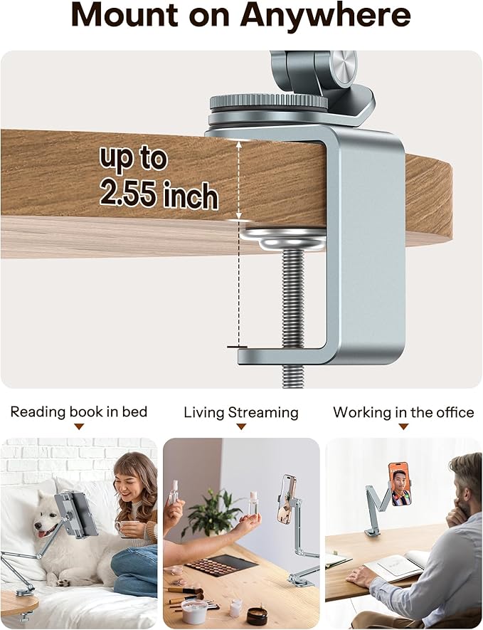 OMOTON Adjustable Tablet Stand for iPad, Desk Phone Holder for Bed with 2 Clamps, Flexible Aluminum Alloy Mount with 360° Rotation for 4-13" Devices