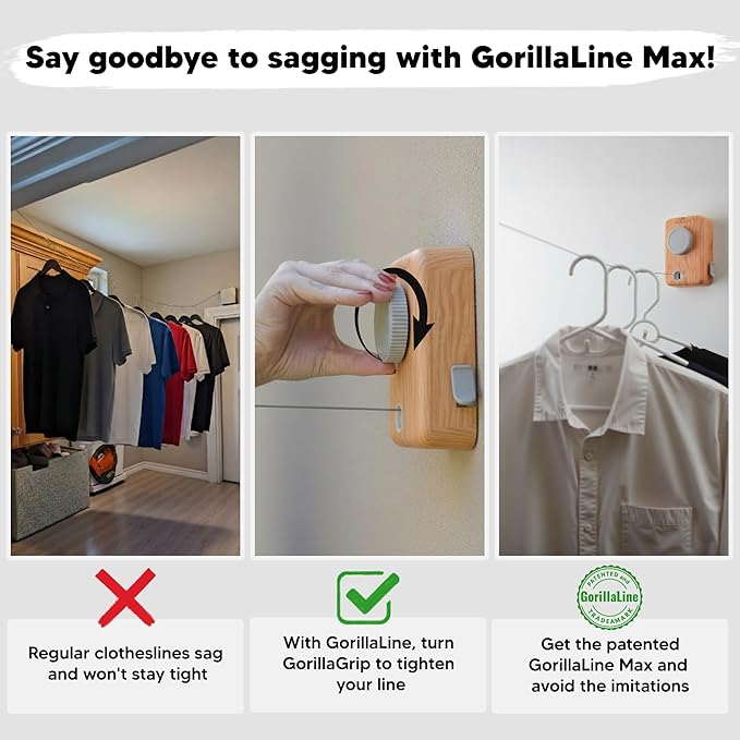 GorillaLine Max - Retractable Clothesline Indoor Outdoor Clothes Line - Heavy Duty Clothes Drying Laundry Line - Wall Mounted Drying Rack - Air Dry Clothing - Max Tighten with GorillaGrip
