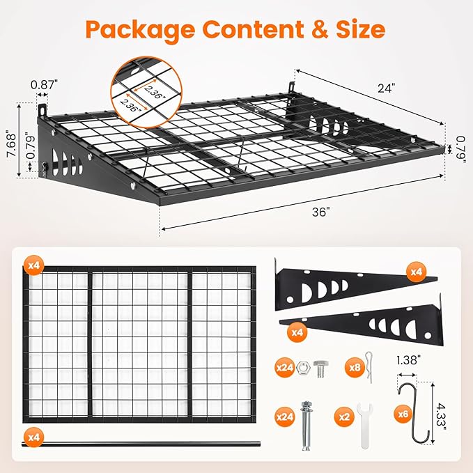 Garage Shelving 2x3ft 4-Pack, Garage Storage Rack 24"x36" Metal Shelves Black Wall Mounted with rods & 6 Hooks, Heavy Duty Wall Shelving Floating Shelves, 1000lbs Total load Capacity