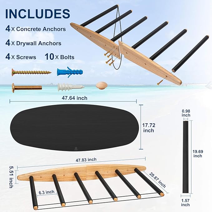 Hang 11 Vertical Surfboard Rack - Surf Racks for Wall, Sustainable Hardwood Surf Board Holder with Rubber Mat, Surfboard Wall Mount, Paddle Board & SUP Garage Storage (6 arms / 5-6 boards)