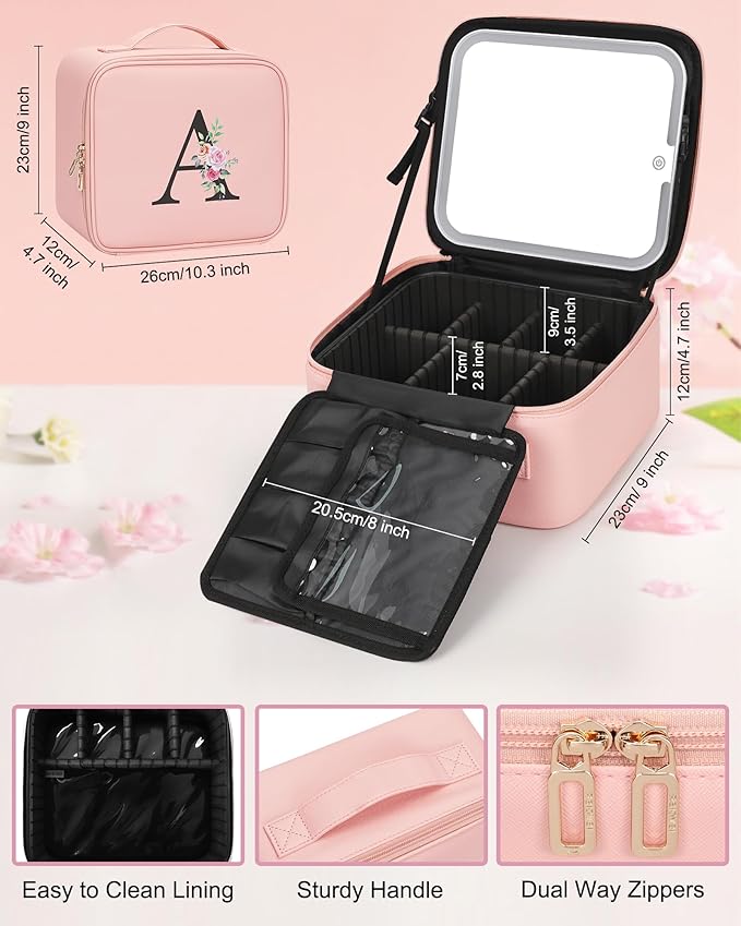Relavel Initial Makeup Bag with LED Mirror for Women Girls, Personalized Travel Cosmetic Organizer Train Case, Birthday Gifts for Grandkids Bridesmaid Graduation Teacher Friends, Trendy Stuff, Pink I
