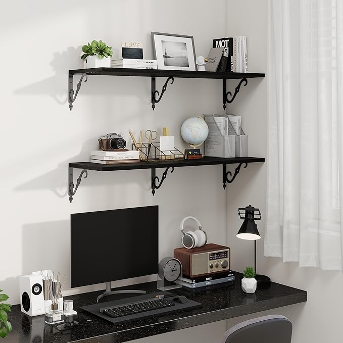 Fun Memories 40 Inch Floating Shelves Wall Mounted, 12 Inch Deep Wall Shelves with Bracket, Rustic Hanging Bookshelf, 40" Bookshelves for for Living Room, Kitchen and Bedroom, Black, Set of 2