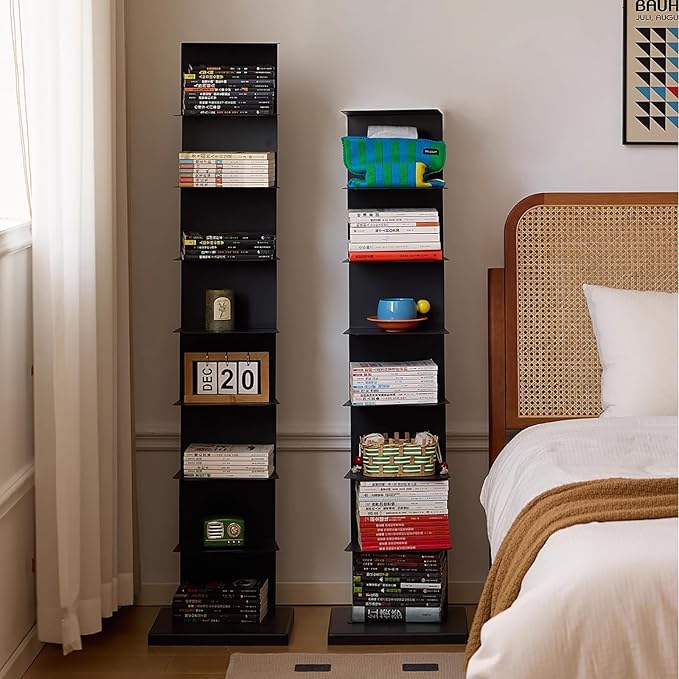 Invisible Vertical Spine Bookshelf Tower,Tall Narrow Metal Bookshelf for Small Space,Corner Floor Standing Book Organizers for Living Room, Office, Entryway(5 Tier, Black)