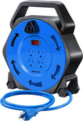 DEWENWILS Extension Cord Reel with 25 FT Power Cord, Hand Wind Retractable, 16/3 AWG SJTW, 4 Grounded Outlets, 13 Amp Circuit Breaker, Blue, Blue Cord, UL Listed