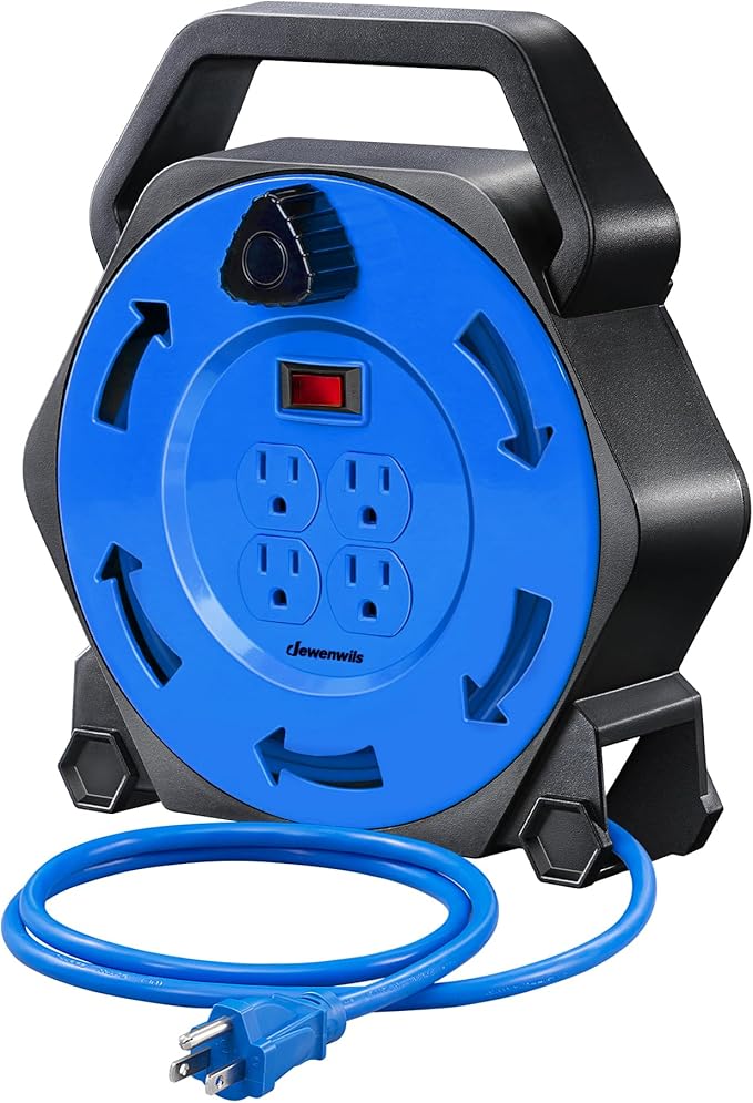 DEWENWILS Extension Cord Reel with 25 FT Power Cord, Hand Wind Retractable, 16/3 AWG SJTW, 4 Grounded Outlets, 13 Amp Circuit Breaker, Blue, Blue Cord, UL Listed