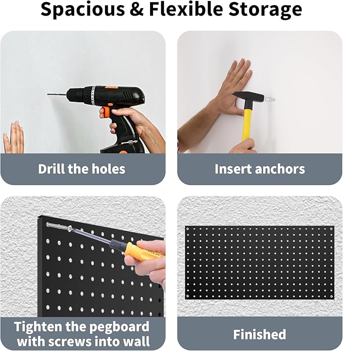 Pegboard Wall Organizer 4 PCS 24" x 12" Black Peg Board Metal Pegboard Panels for Garage Tool Storage