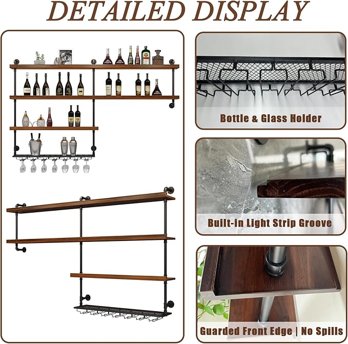 Solid Wood Wall Mounted Wine Rack, Large Wine Rack with LED Light, 4 Tiers Liquor Bottles Floating Shelves with Glass Holder, Industrial Bar Shelves for Home Bar Dining Room (141.8 IN/ 360CM)