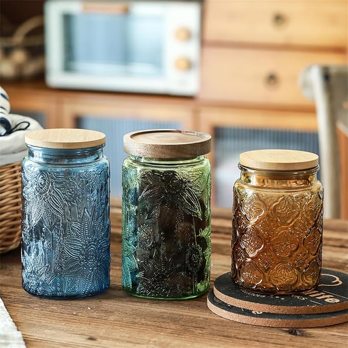 ANSQU Set of 2 Vintage Blue Glass Storage Jars with Wood Lids, 34oz Kitchen Canisters for Coffee, Sugar, Cookies, Candy – Decorative Pantry Organizers (Blue 2, 34 Ounces)