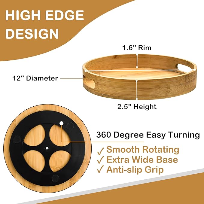 Lazy Susan Turntable Organizer 12 inch - Lazy Susan for Table Top, Countertop, Dining Table, Pantry - Kitchen Cabinet Organizersan (Bamboo)