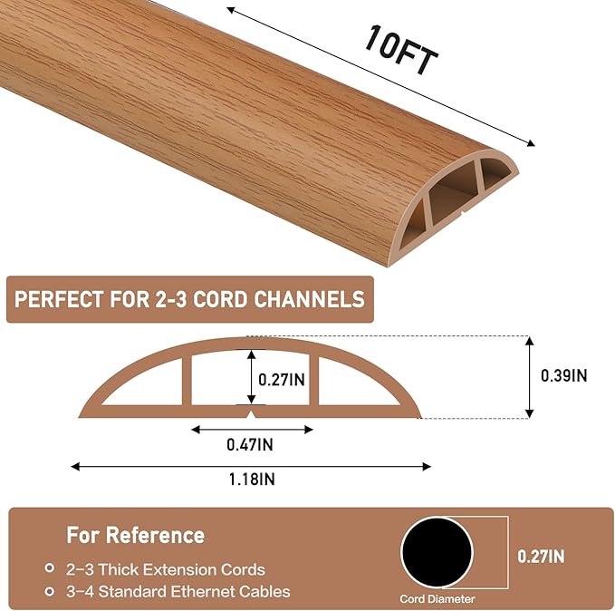 Floor Cord Cover Self Adhesive Cord Hider Floor Extension Cord Covers for Floor Power Cord Protector Cable Management Prevent Cable Trips Cable Cavity 0.47" W x 0.27" H (Light Brown Wood, 10Ft)