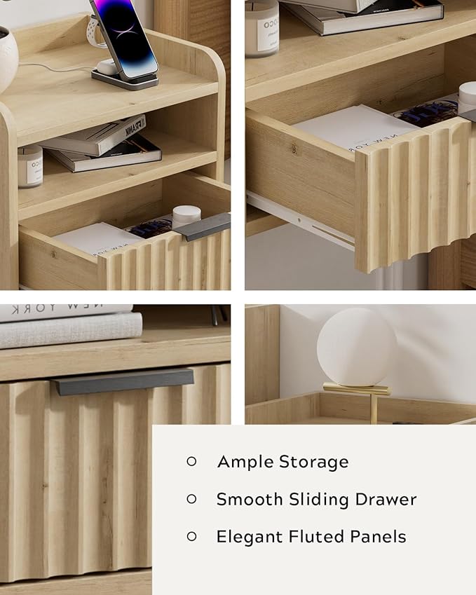 Fluted Floating Nightstands Set of 2 with Drawer, Modern Small Wall Mounted Storage Night Stand with Charging Station, Wood Bedside Table USB C & USB A Ports, Light Oak