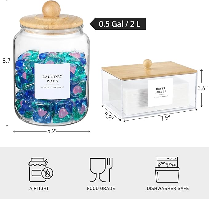 Glass Jars and Dryer Sheet Holder with Bamboo Lids, Dispenser Set and Labels, Containers for Laundry Room Organization and Storage, Half Gallon Airtight jars, Acrylic Storage Box for Laundry supplies