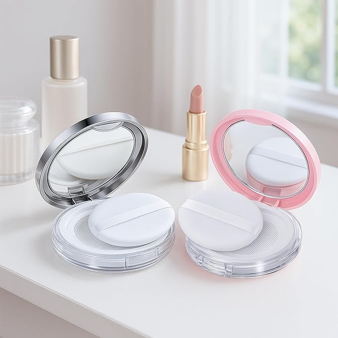 Tokusatsu 2-Pack Refillable Loose Powder Container with Puff & Mirror - 0.17 oz Travel Portable Empty Makeup Compact with Mesh for Women Girls (Pink, Silver)