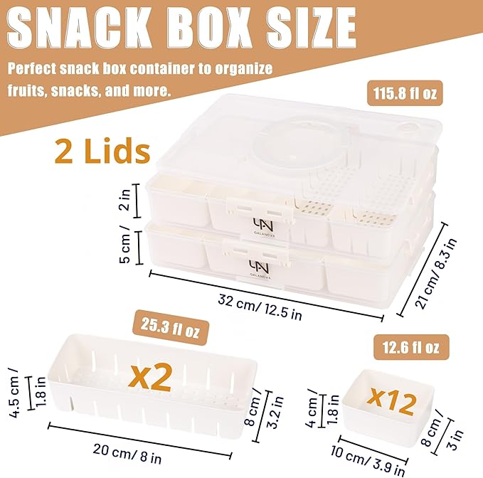 Stackable Snackle Box Container with 2 Lids, 14 Compartments - BPA-Free Snackle box Organizer, Dishwasher & Microwave Safe Reusable Snacklebox for Veggies, Fruits, Charcuterie, Snacks (White, 2 Pack)