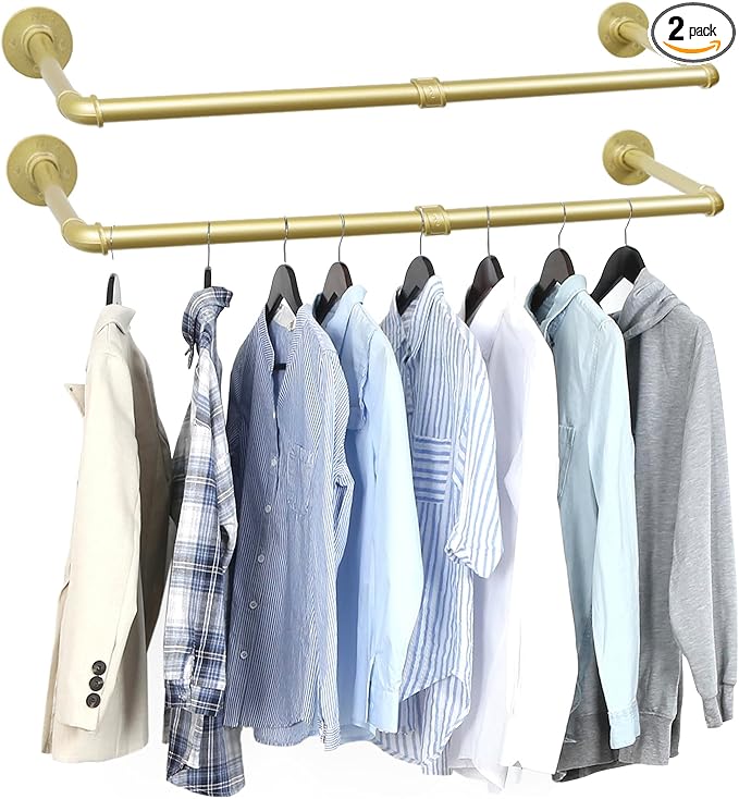 2 Packs Gold Industrial Pipe Clothes Rack,36 inch Pipe Garment Rack Hanging Rod Bar for Closet Storage,Laundry Room Up to Max Load 135lbs